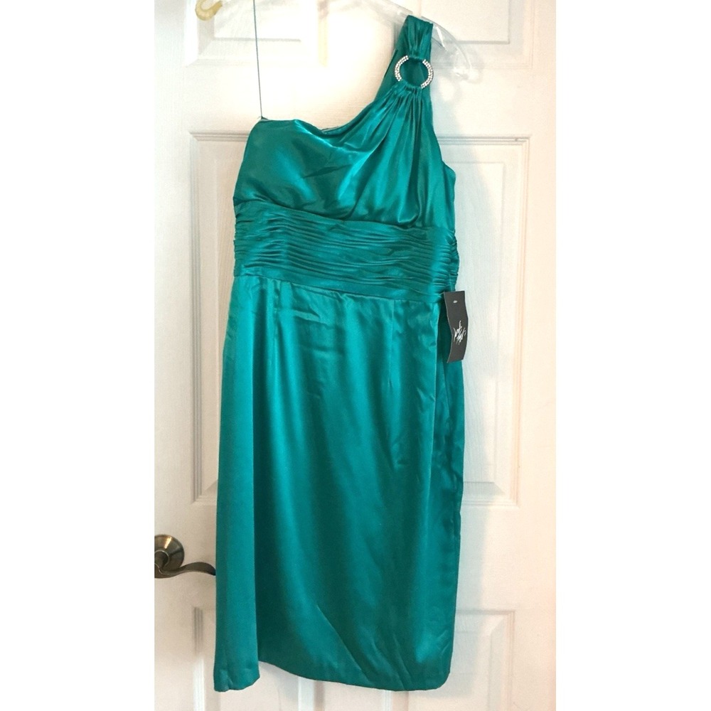 Adrianna Papell Boutique Sz 12 Jade Teal One Shoulder Ruched Cocktail Dress